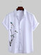 Mens Chinese Painting Print Turndown Collar Short Sleeve Casual Shirt - White