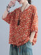 Floral Print High-low Drawstring Hem 3/4 Sleeve Plus Size T-shirt - Orange