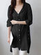 Solid Hooded Roll Tab Sleeve Button Front Blouse - Black