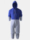 Men Plus Velvet Thick Track Onesies Contrast Color Two Way Zipper Hooded Loungewear Jumpsuit - Blue