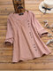 Lace Patchwork Button Long Sleeve Plus Size Cotton Blouse - Pink