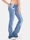 Women Mid Waist Casual Denim Jeans With Pocket - Light Blue