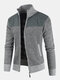 Mens Patchwork Zip Front Stand Collar Knit Casual Cardigans With Pocket - Gray