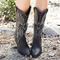 Plus Size Women Retro Embroideried Pointed Toe Chunky Heel Long Boots - Black