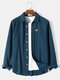 Mens Floral Embroidered Button Up Casual Loose Long Sleeve Shirts - Blue