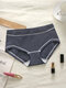 Women Striped Print 100% Cotton Stretch Thin Breathable Seamless Mid Waist Panties - Navy