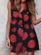 Print Button Pocket Sleeveless V Neck Casual Cotton Romper - Red