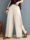 Solid Color Elastic Waist Wide Leg Pant With Pocket - White