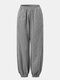 Solid Color Elastic Waist Pocket Long Casual Pants for Women - Gray
