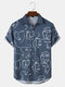 Mens Face Line Pattern Lapel Short Sleeve Button Up Casual Shirt - Blue