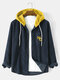Mens Letter Embroidered Corduroy Long Sleeve Contrast Hooded Shirts - Dark Blue