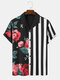 Mens Floral & Striped Patchwork Revere Collar Short Sleeve Shirts - Black