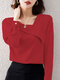 Solid Asymmetrical Neck Long Sleeve Women Blouse - Red