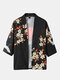 Mens Flower Crane Print Ethnic Style Open Front Black 3/4 Sleeve Kimono - Black