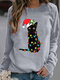 Christmas Black Cat Print Long Sleeves O-neck Sweatshirt For Women - Gray