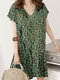 Geo Print Ruffle V-Neck Tulip Short Sleeve Casual Midi Dress - Green