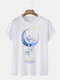 Mens Starry Sky Moon Print Crew Neck Cotton Casual Short Sleeve T-Shirts - White