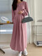 Solid Long Sleeve Pleated Crew Neck Maxi Dress For Women - Pink