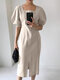 Solid Slit Puff Sleeve Square Collar Casual Dress - Beige