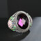 Vintage Geometric Oval Purple Crystal Ring Metal Hollow Carved Floral Gem Ring - Purple