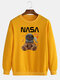 Mens Cartoon Bear Astronaut Print Drop Shoulder Casual Pullover Sweatshirts - Yellow