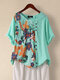Flowers Print Patchwork Button O-neck Plus Size Blouse - Green