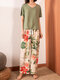Женский комплект пижамы с V-образным вырезом и коротким рукавом с принтом Растение Брюки - Красный