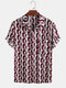 Mens Cotton Abstract 3D Geometric Print Casual Short Sleeve Shirt - Red