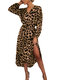 Cuello de pico con estampado de leopardo y cinturón Plus Talla informal Vestido  - marrón