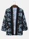 Mens Oriental Dragon Print Open Front Loose 3/4 Sleeve Kimono - Black