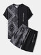 Herren-Patchwork-Zweiteiler-Outfits mit Ethno-Paisley-Muster und japanischem Print - Schwarz