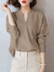 Women Solid Stand Collar Long Sleeve Blouse - Khaki