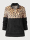 Plus Size Leopard Pattern Patchwork Zip Front Fluffy Sweatshirt - Black