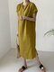 Solid Slit Hem Pocket Loose Short Sleeve Button Casual Dress - Yellow