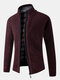 Mens Rib-Knit Zip Front Stand Collar Casual Cotton Cardigans With Pocket - Wine Red