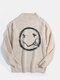 Mens Smile Face Print Crew Neck Knit Cotton Casual Pullover Sweaters - Apricot