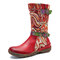 SOCOFY Genuine Leather Fantastic Pattern Splicing Metal Buckle Soft Sole Flat Tall Boots - Red