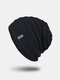 Men Knitted Acrylic Plus Velvet Solid Staircase Pattern Letter Label Warmth Casual Beanie Hat - Black