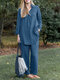 Solid Pocket Long Sleeve Lapel Two Pieces Suit - Blue