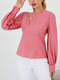 Solid Color O-neck Long Sleeve Button Casual Blouse For Women - Pink