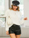 Solid Puff Long Sleeve Crew Neck Blouse For Women - White