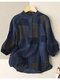 Plaid Button Stand Collar Casual Blouse - Navy
