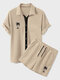 Mens Palm Tree Embroidery Button Up Texture Two Pieces Outfits - Apricot
