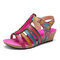 SOCOFY Leather Floral Perforated Adjustable Strappy Stitching Wedge Sandals - Pink
