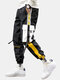 Mens Letter Print Contrast Patchwork Buckle Straps Street Utility Pants - Yellow