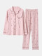 Women Panda Print Pajamas Long Set Flounce Trim Lapel Collar Home Sleepwear - Pink