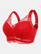 Women Pure Color Lace Gather Wireless Breathable Back Closure Bra - Red