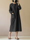 Vintage Geschlitzter Saum Große Taschen Baumwolle Plus Größe Einfarbig Kleid - Schwarz