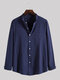Mens Linen Pure Color Stand Collar Plain Long Sleeve Shirts With Pocket - Navy