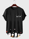 Herren T-Shirt mit Cartoon-Muster, Krallen-Print, abgerundeter Saum, kurzärmelig, Katze - Schwarz